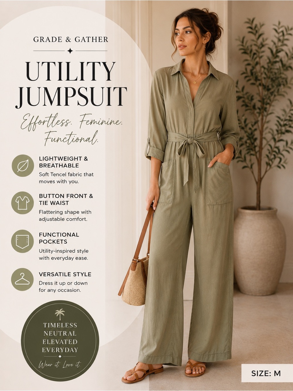 Grade & Gather Utility Jumpsuit Olive Green Tencel Tie Waist Wide Leg